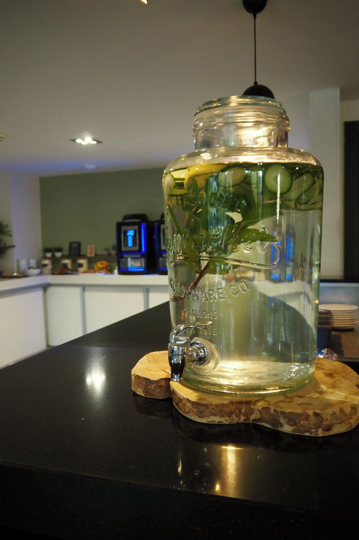 Um frasco de vidro transparente com uma planta dentro, apoiado em um apoio para copos.