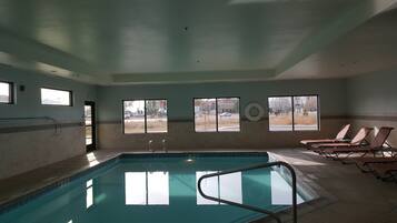 Indoor pool, open 8:00 AM to 10:00 PM, pool loungers
