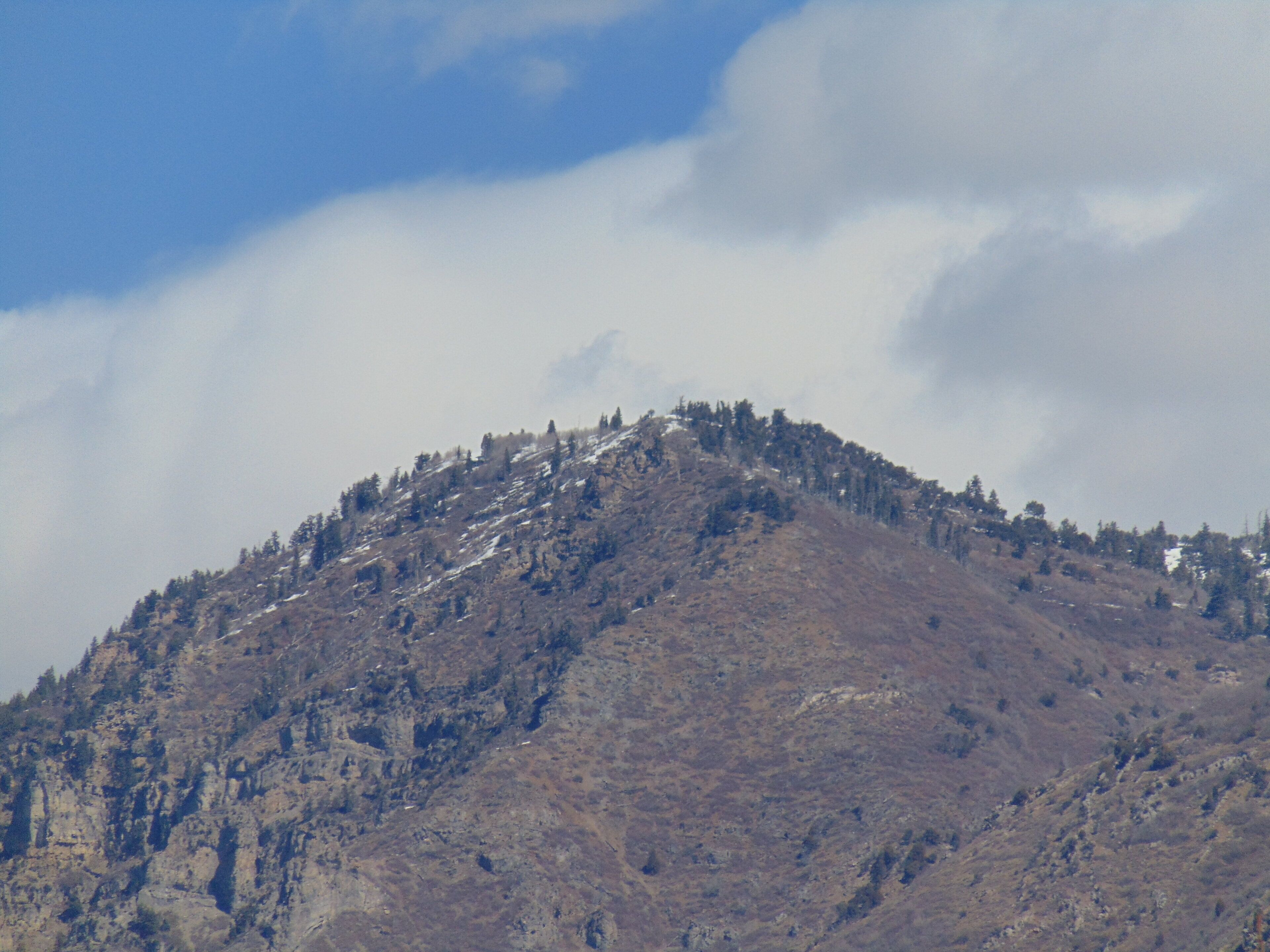 Una montaña con vegetación escasa y cielo despejado.