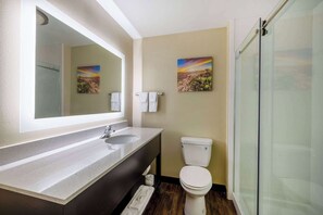 Combined shower/tub, free toiletries, hair dryer, towels