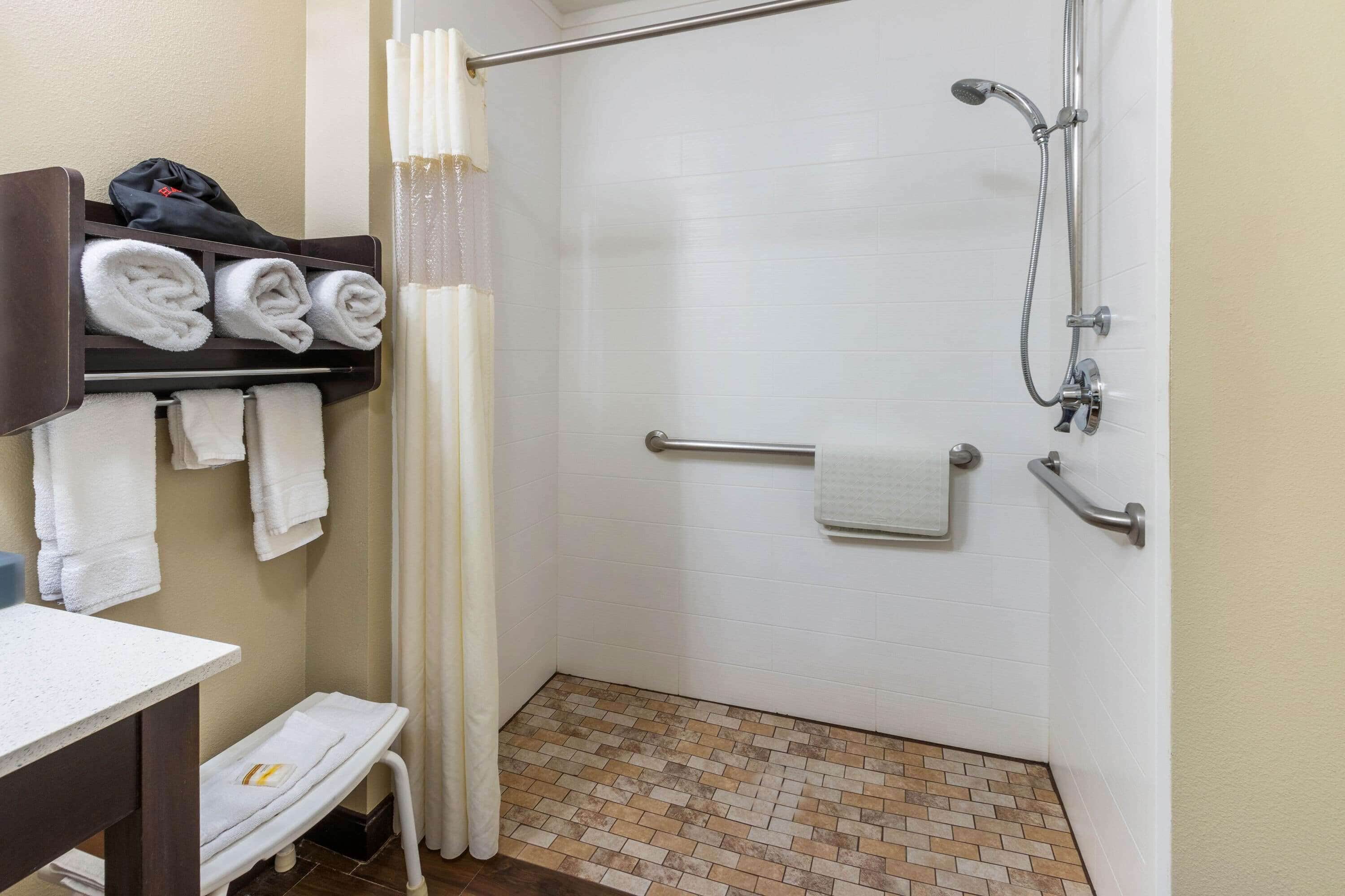 combined shower/bathtub, free toiletries, hair dryer, towels