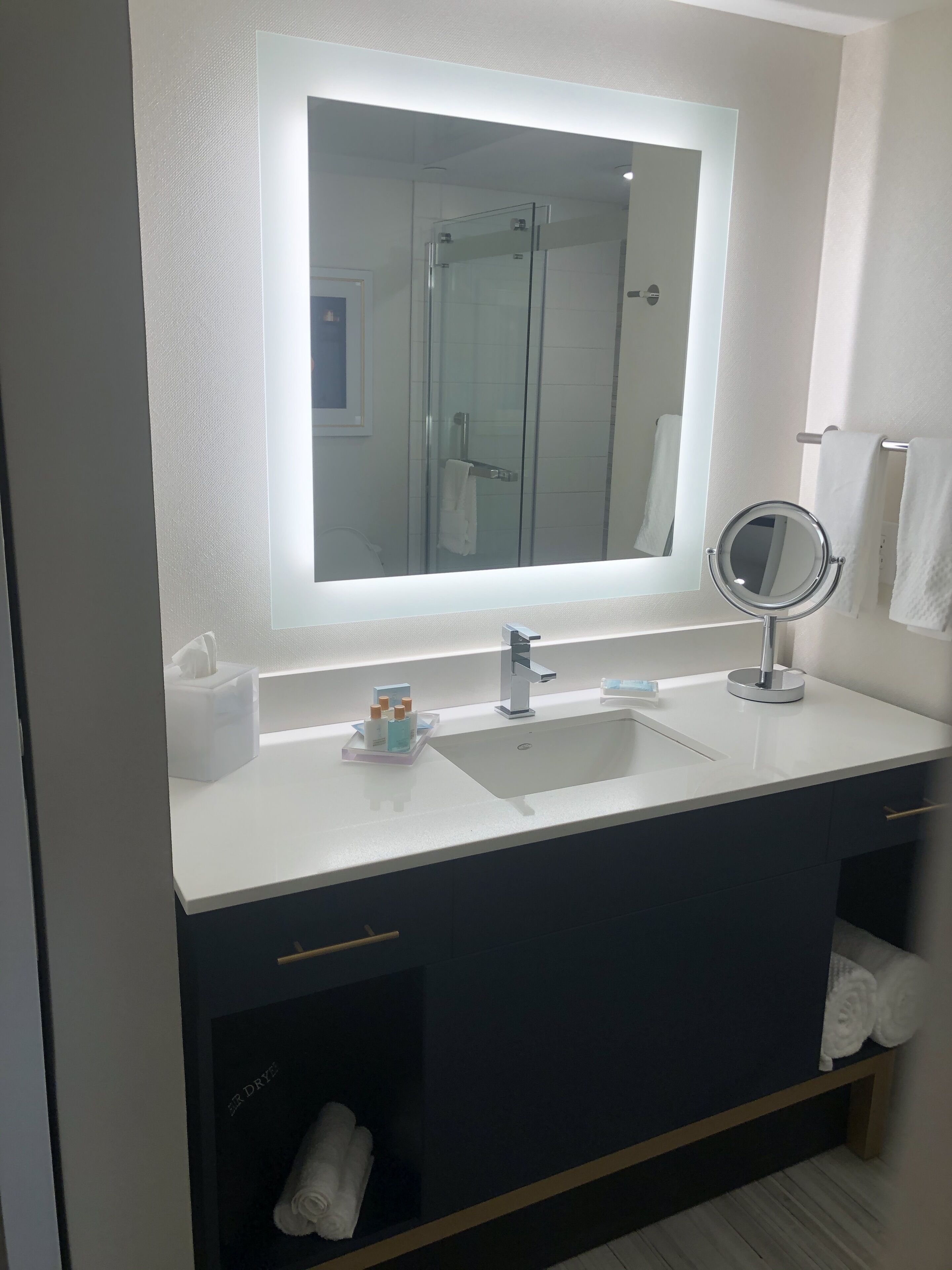 hair dryer, bathrobes, towels, soap