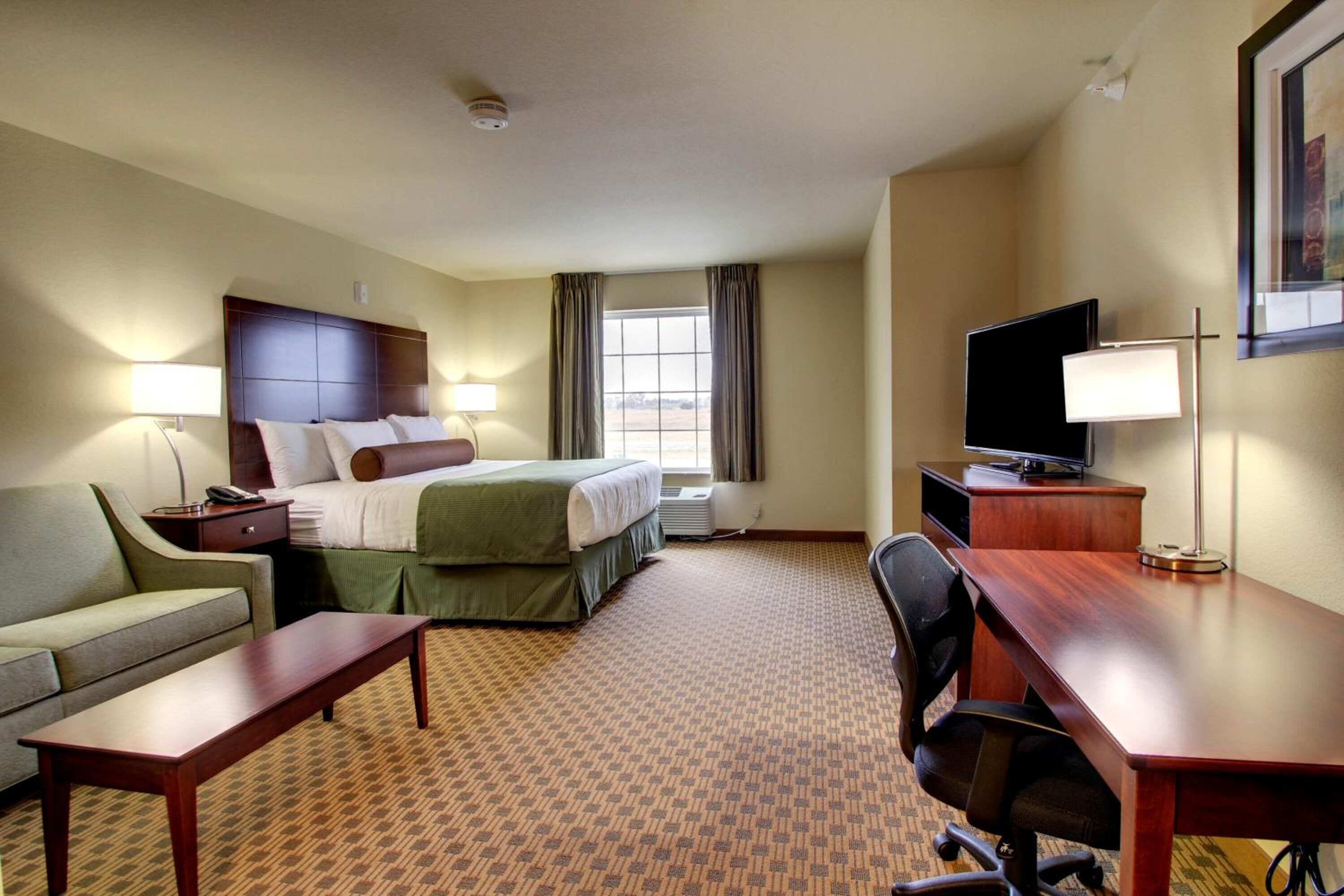 A hotel room with a bed, a desk, a television, a sofa, and a lamp.