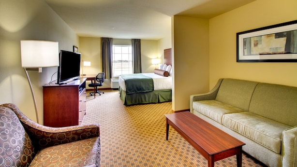 Habitación de hotel con sofá, una mesa de madera, televisor, escritorio y cama.