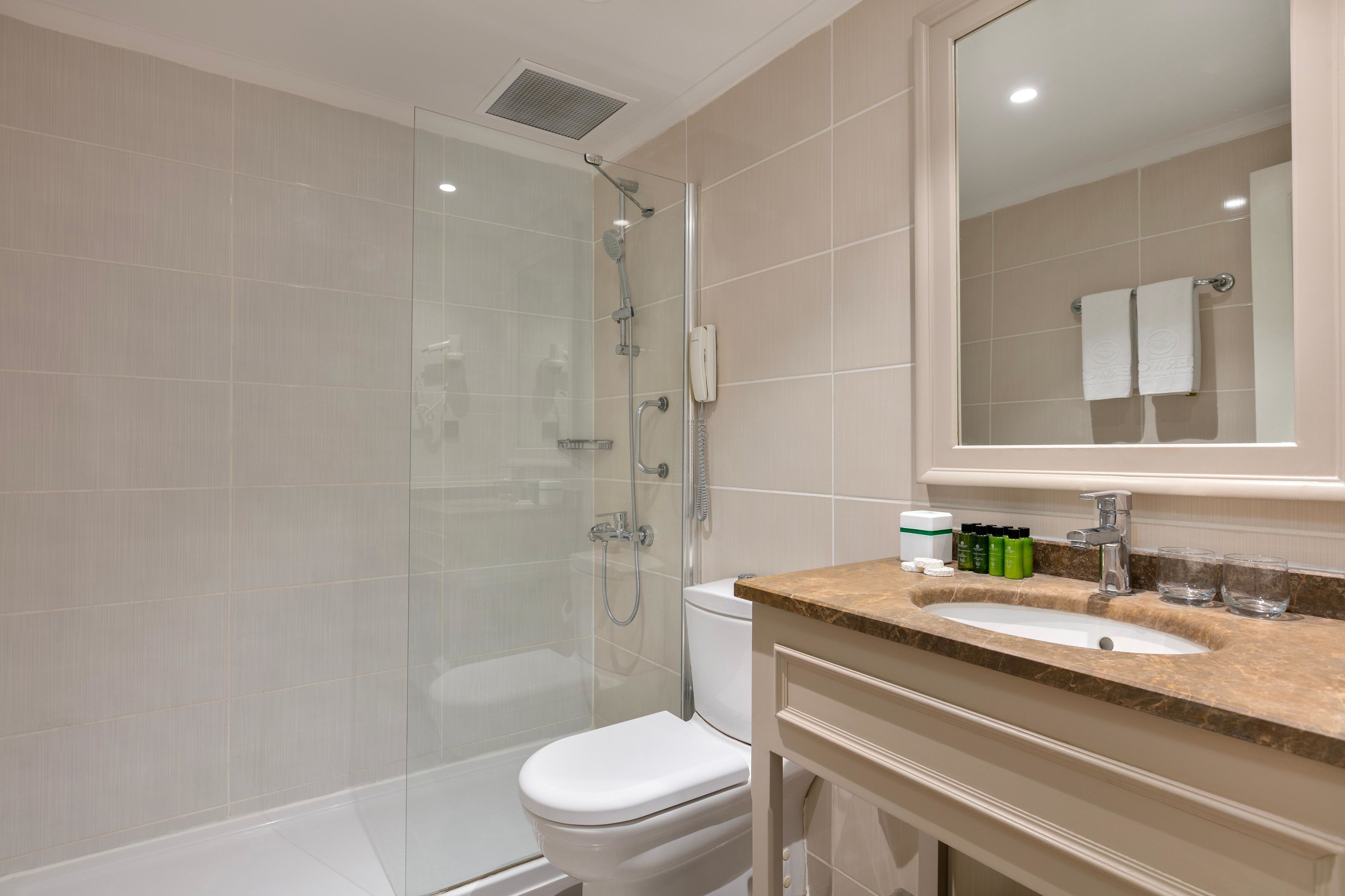 A modern bathroom with a glass-enclosed shower, a white toilet, and a sink with toiletries.