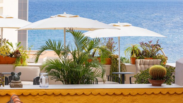 Een terras met buitenmeubilair, plantenpotten en uitzicht op zee.