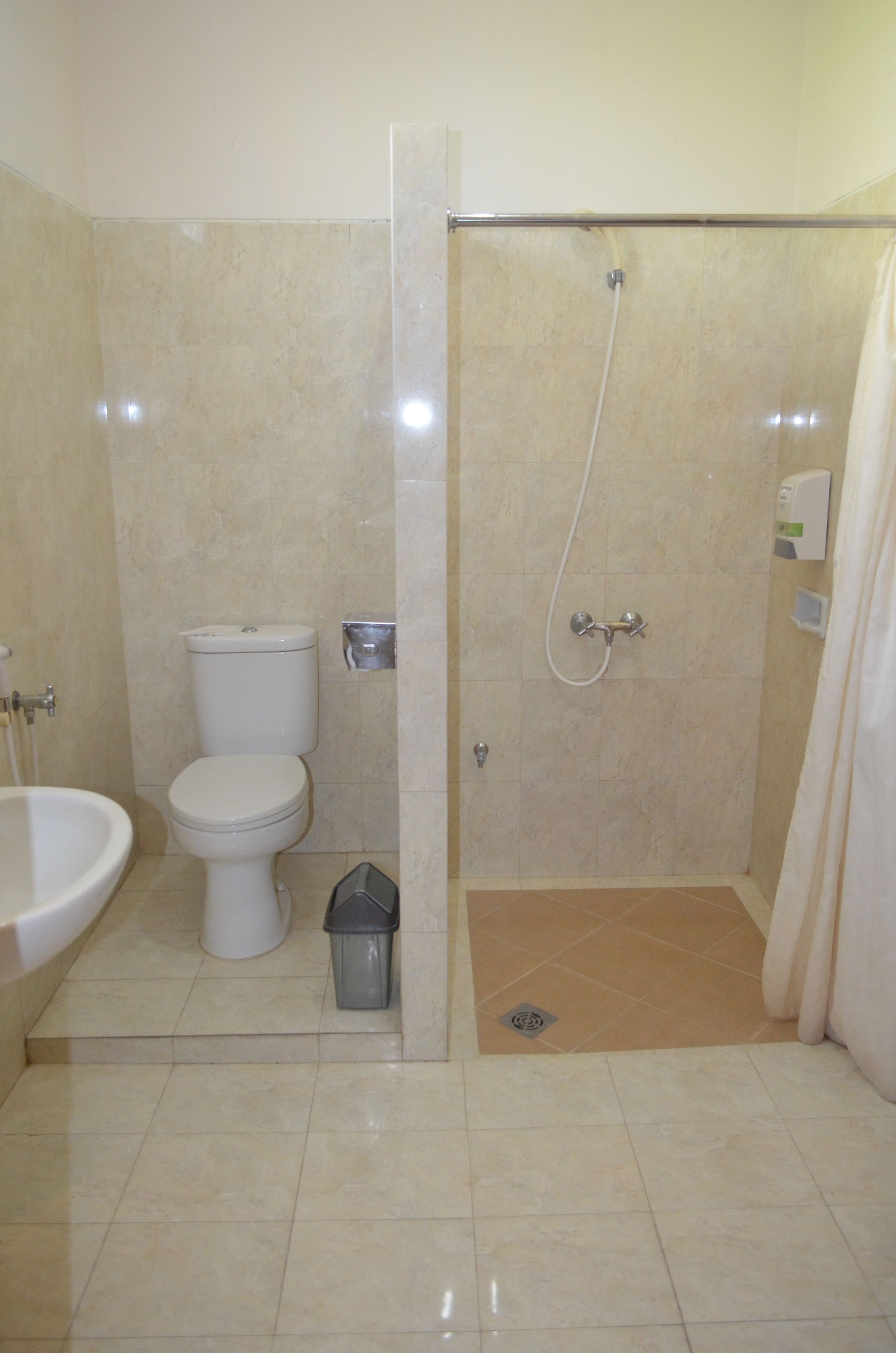 A bathroom with a toilet, sink, and shower area.