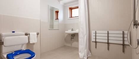 Un baño con inodoro blanco, lavamanos, ducha y espejo.