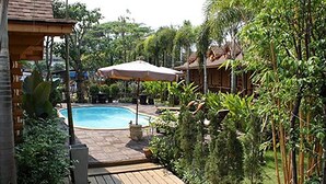 Una terraza de madera con piscina, rodeada de exuberante vegetación y un pequeño pabellón.