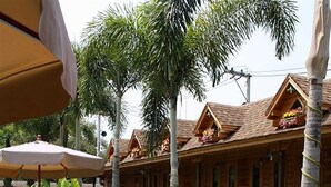 Un resort con cabañas de madera, sillas de descanso y plantas tropicales.