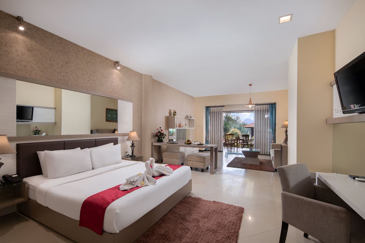 A hotel room with a large bed, a desk, a TV, and a balcony with a view.