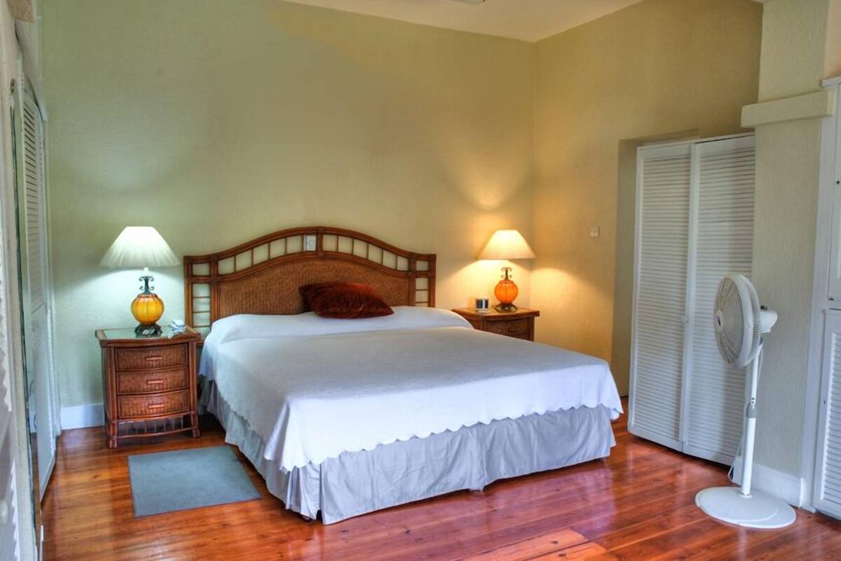 A bedroom with a wooden bed, two bedside tables with lamps, a standing fan, and a wardrobe.