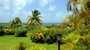 A lush garden with palm trees and flowering plants, a lamp post, and a view of the ocean. - Castles in Paradise (Vieux Fort)