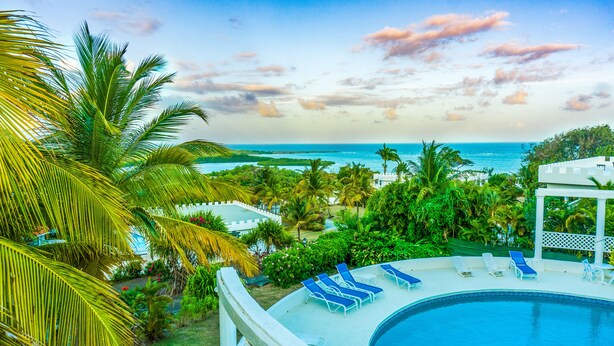 A pool area with lounge chairs, surrounded by palm trees and a view of the ocean. - Castles in Paradise (Vieux Fort)