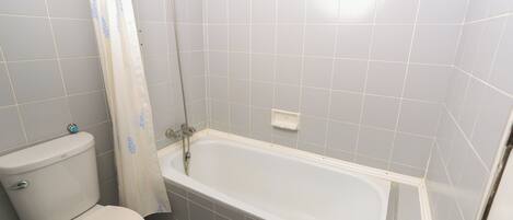 A bathroom with a toilet, bathtub, and shower curtain.