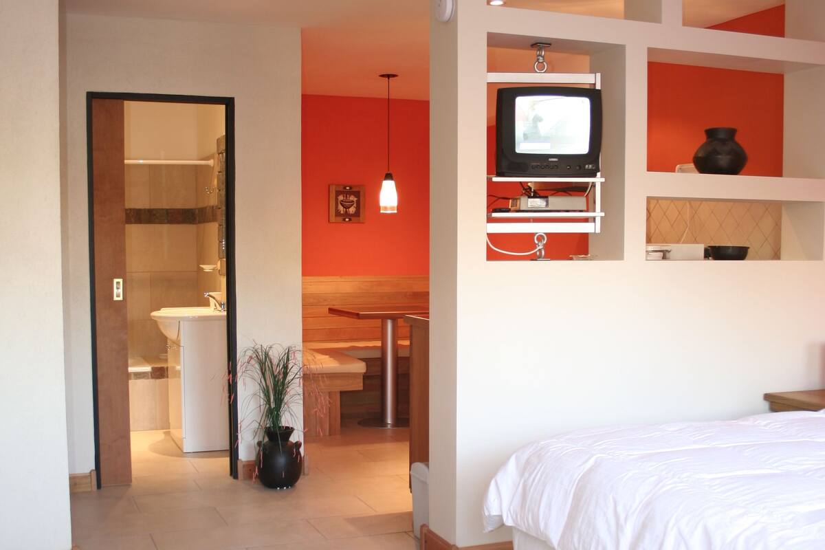 Una habitación de hotel con cama, televisión, baño y zona de comedor.