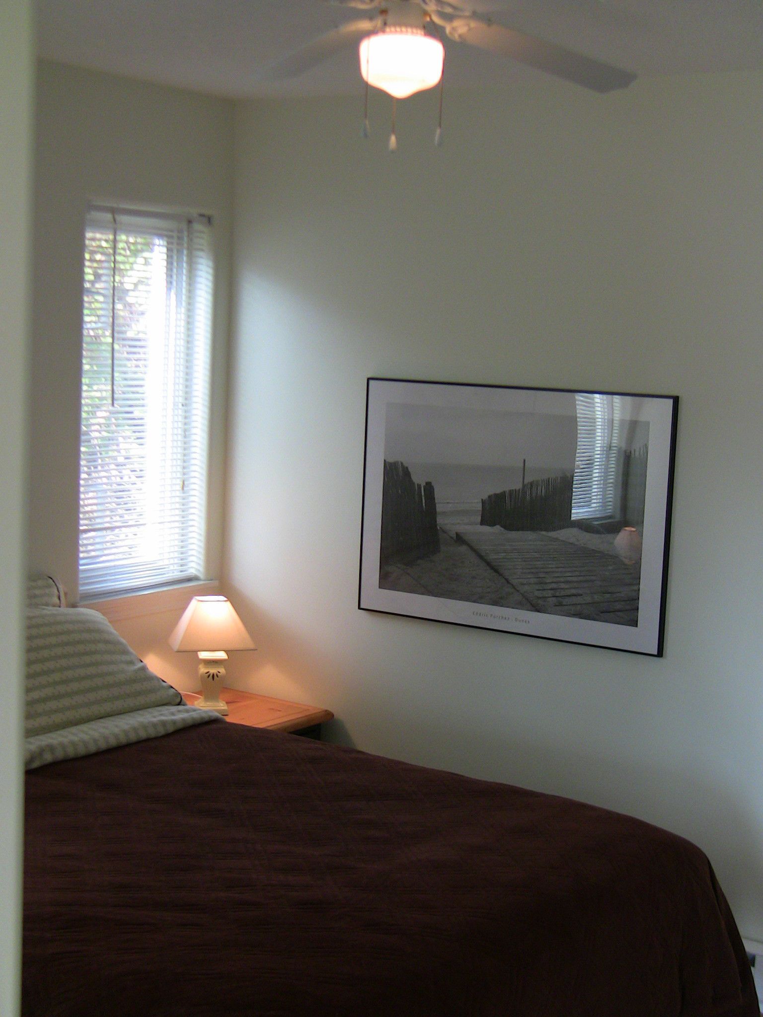 A bedroom with a bed, a bedside lamp, a framed picture on the wall, and a ceiling fan.