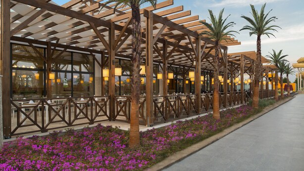 Un área de comedor al aire libre con pérgolas de madera, mesas y sillas, rodeada de palmeras y flores moradas.