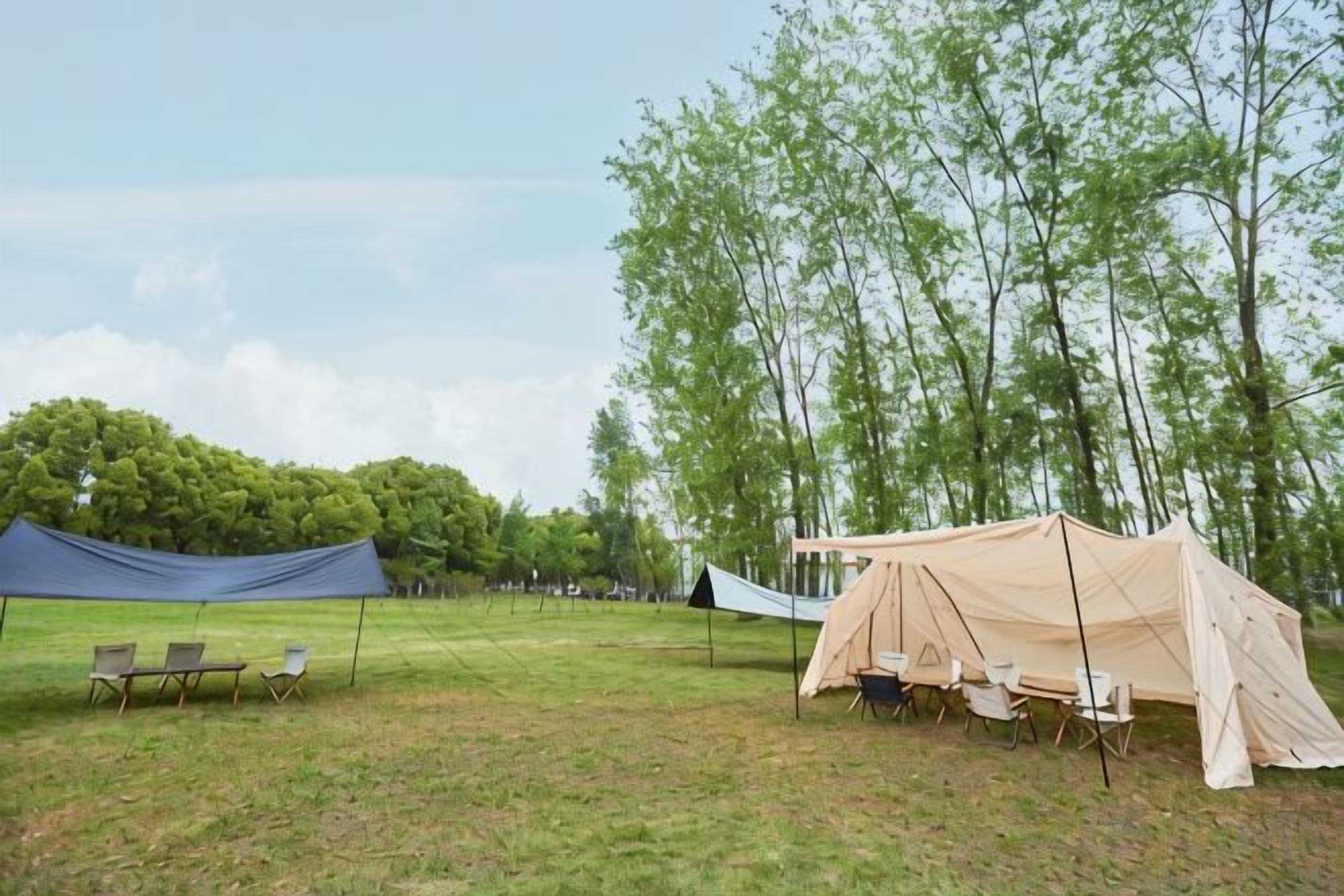 A campsite with tents and chairs arranged on a grassy field.