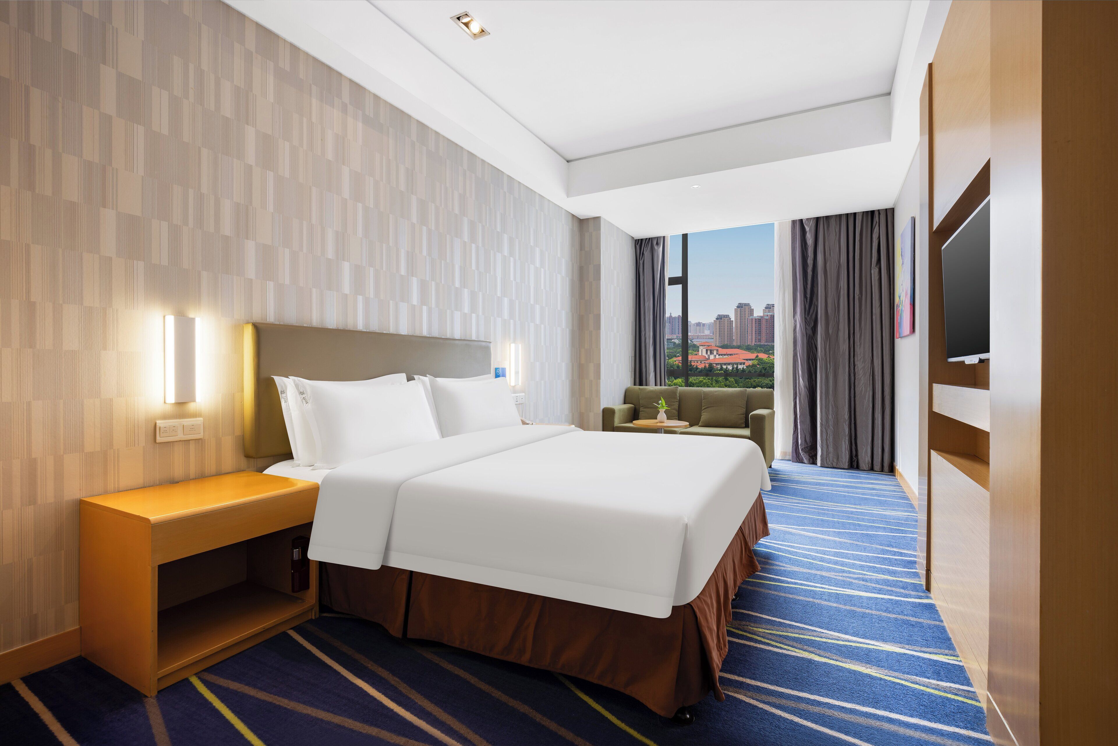 A hotel room with a large bed, a nightstand, a TV, and a view of a cityscape.