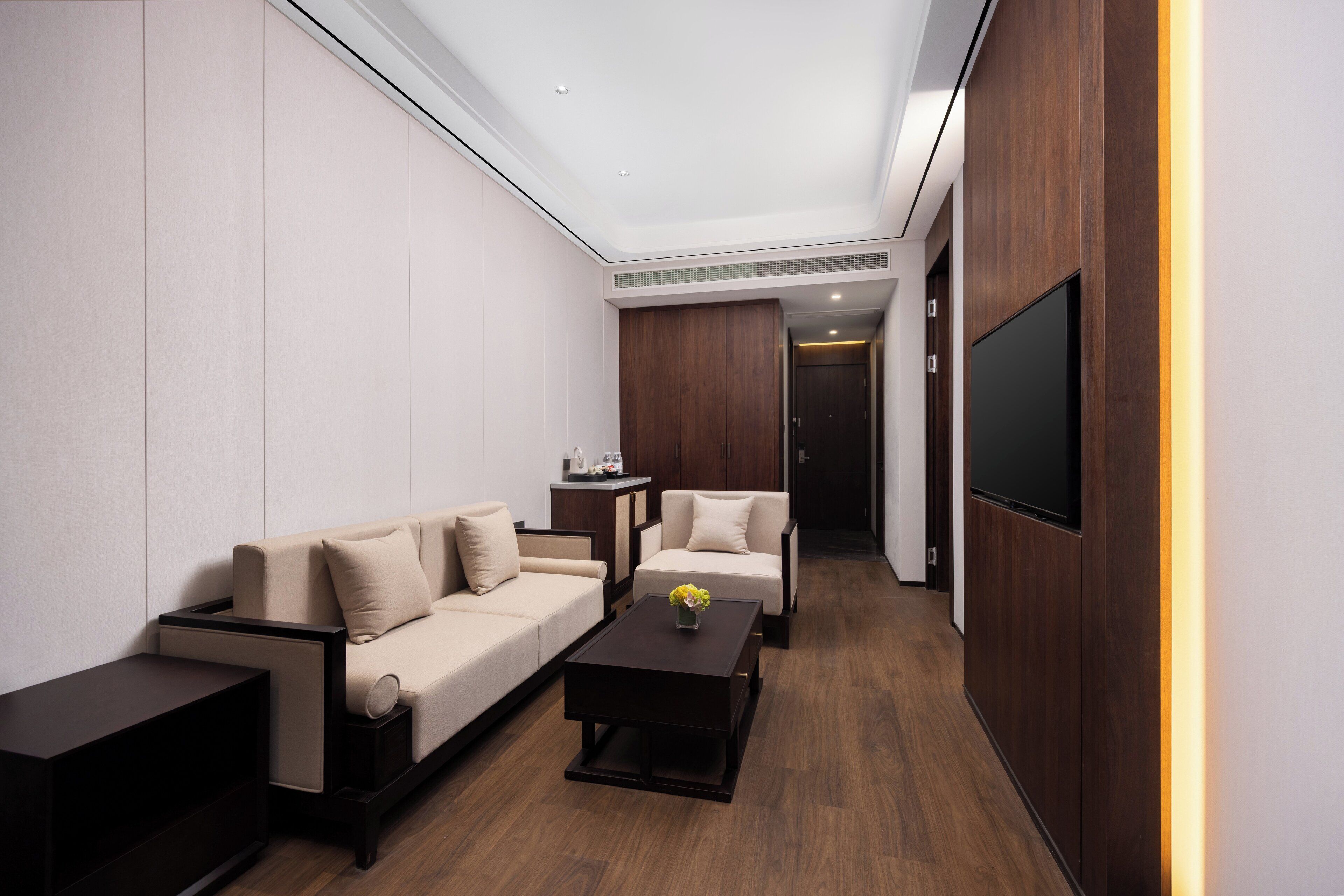 A modern living room with a sofa, armchair, coffee table, and a flat-screen TV mounted on the wall.