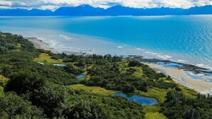 A coastal landscape with a beach, forested area, and mountains in the background. - Kenai Peninsula Suites (Homer)