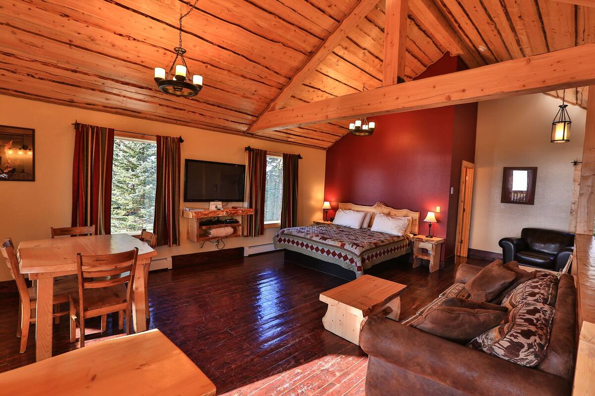 A cozy room with a wooden ceiling, a bed with a patterned bedspread, a wooden dining table with chairs, a sofa, and a TV on a stand.