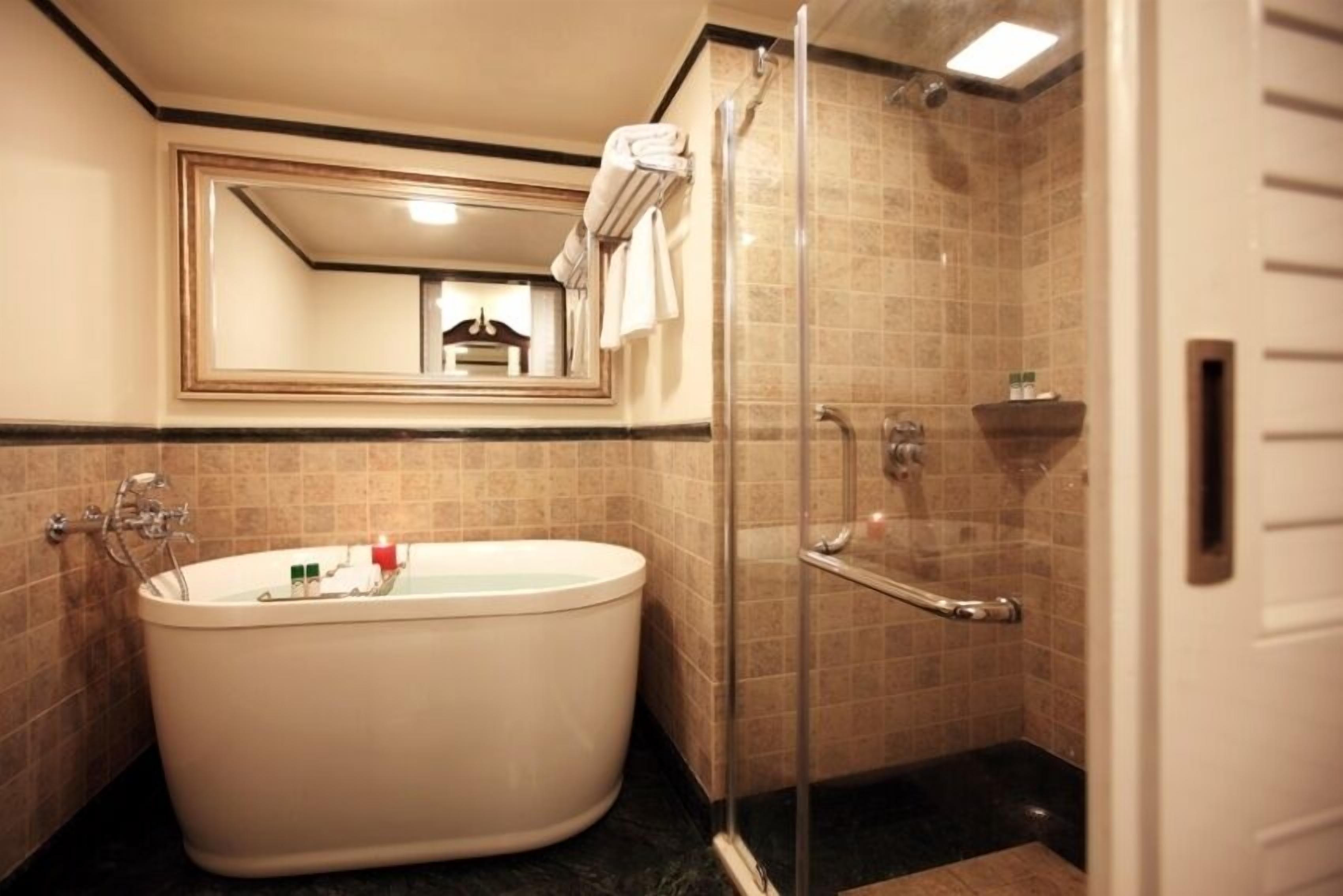 A bathroom with a freestanding bathtub, a glass-enclosed shower, and a mirror above the bathtub.
