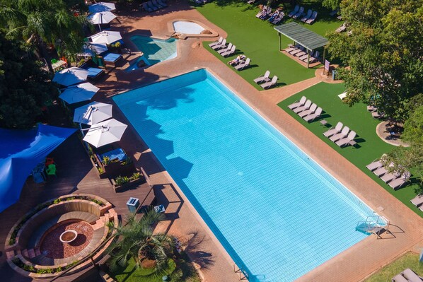 Indoor pool, outdoor pool, pool loungers