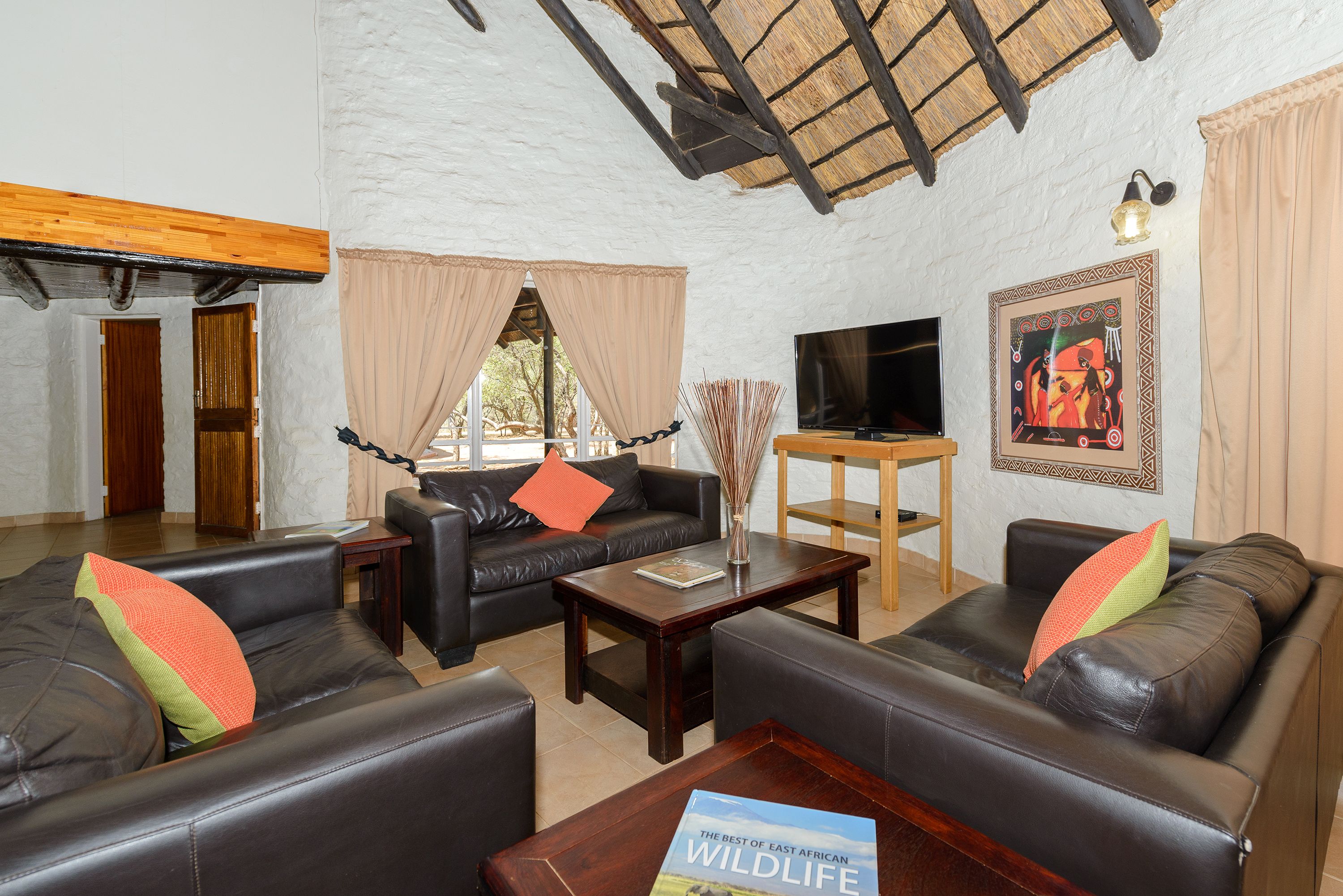 A living room with leather sofas, a wooden coffee table, a TV, and a framed picture on the wall.