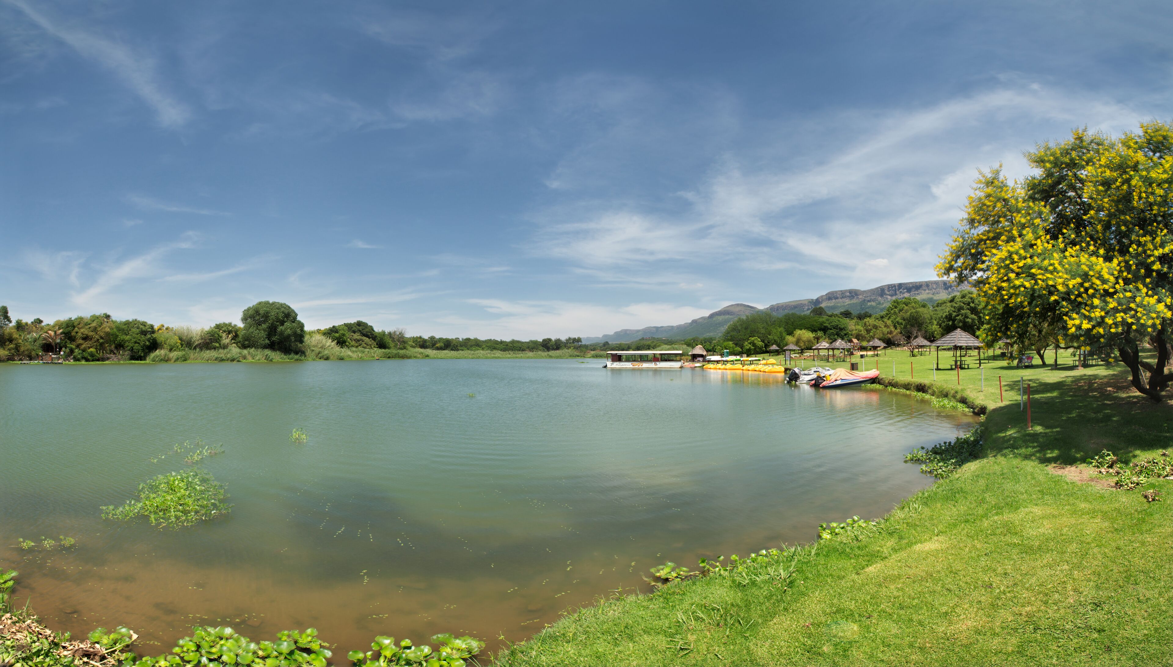 A calm lake with boats, grassy banks, and trees.