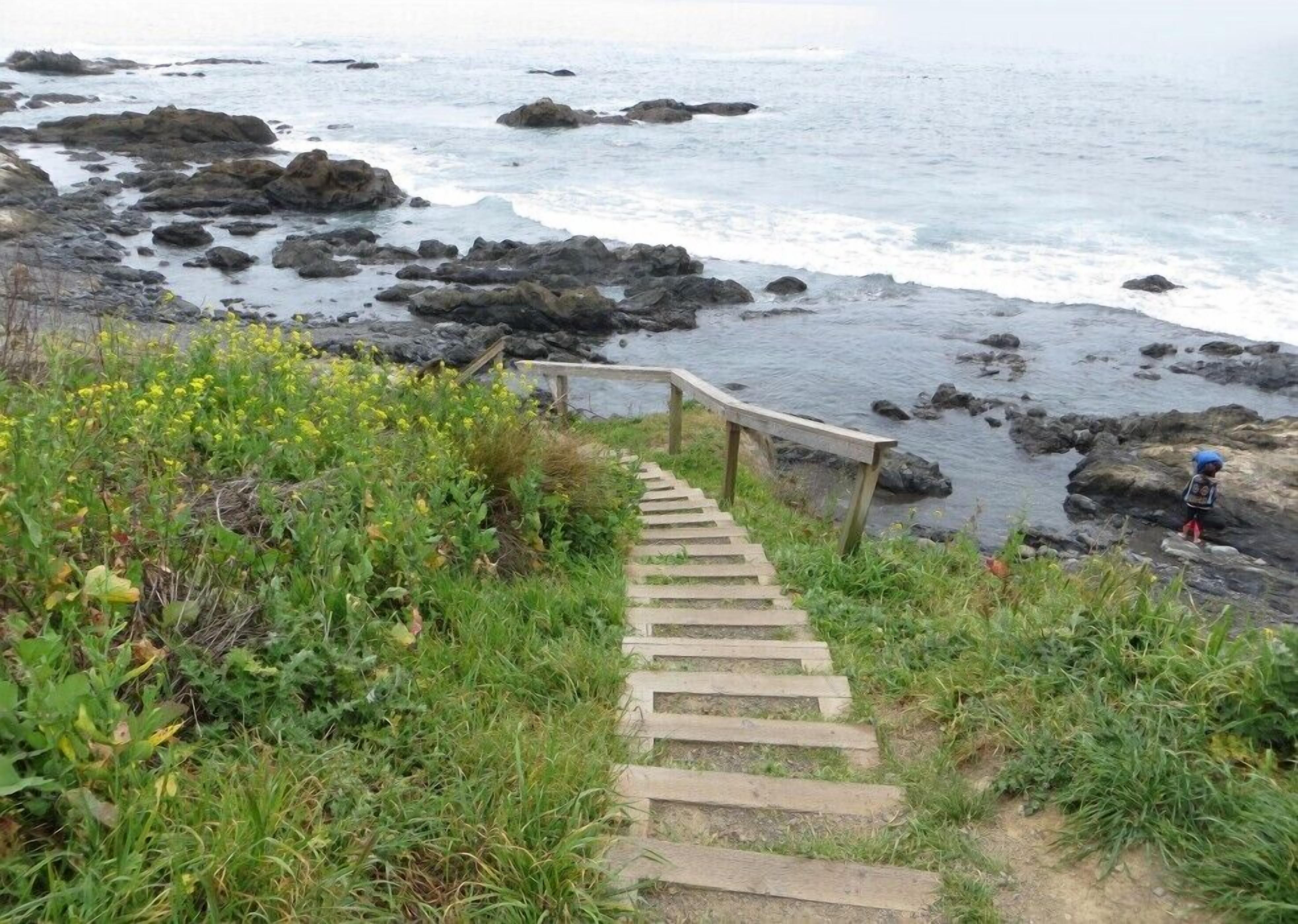 Una escalera de madera que desciende hacia una costa rocosa con olas rompiendo sobre las rocas.