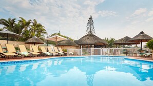 A swimming pool with lounge chairs and thatched umbrellas, surrounded by palm trees and a white fence. - First Group Club Hacienda (Margate)
