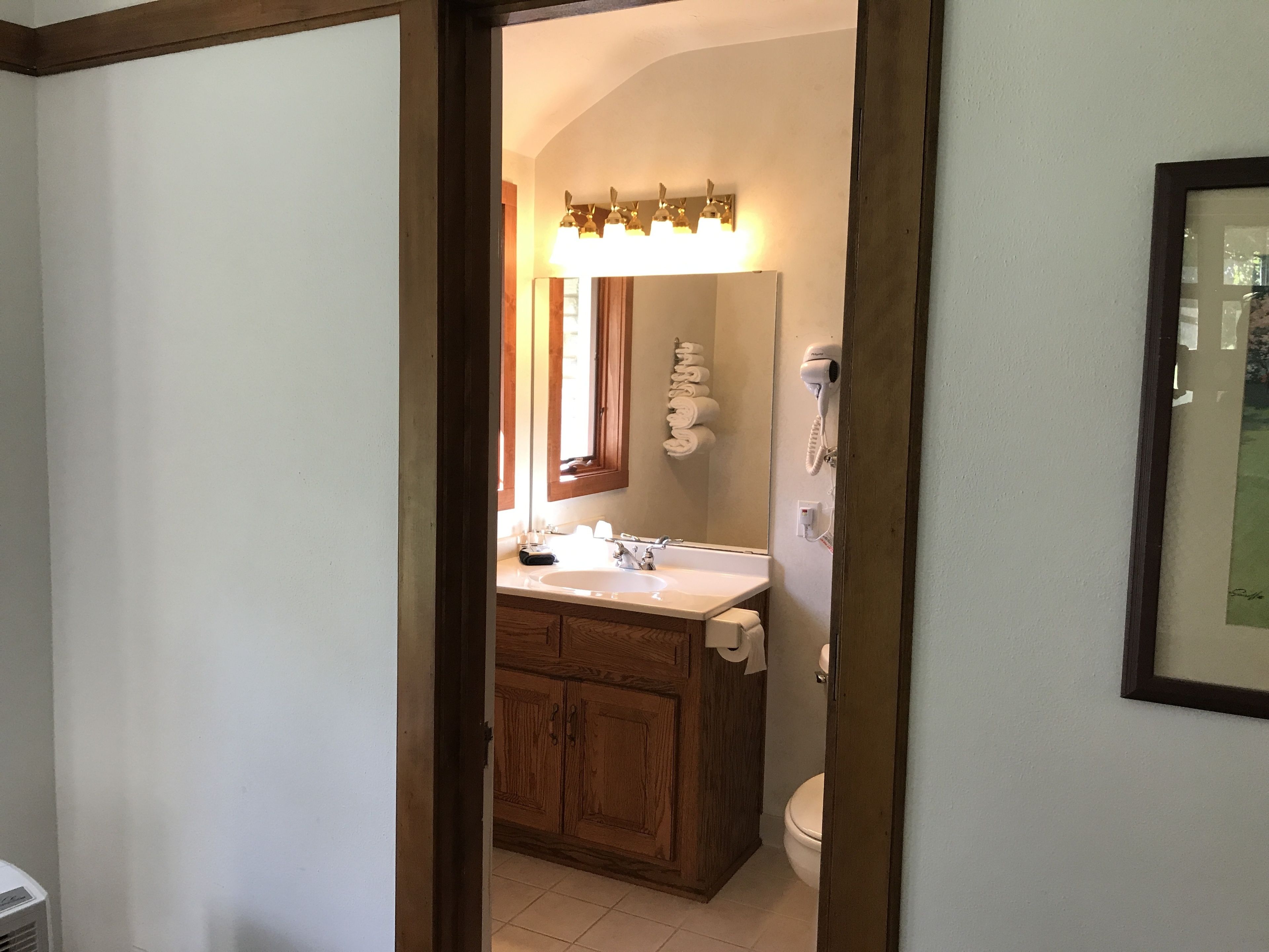 Een badkamer met een houten wastafelmeubel, een wastafel, een toilet en een spiegel.