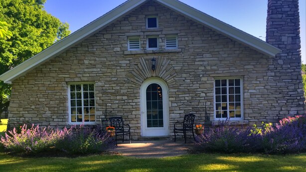 A stone building with a central arched entrance, two windows on either side, and a small balcony above the entrance. - Maxwelton Braes Lodge and Golf Course (Baileys Harbor)