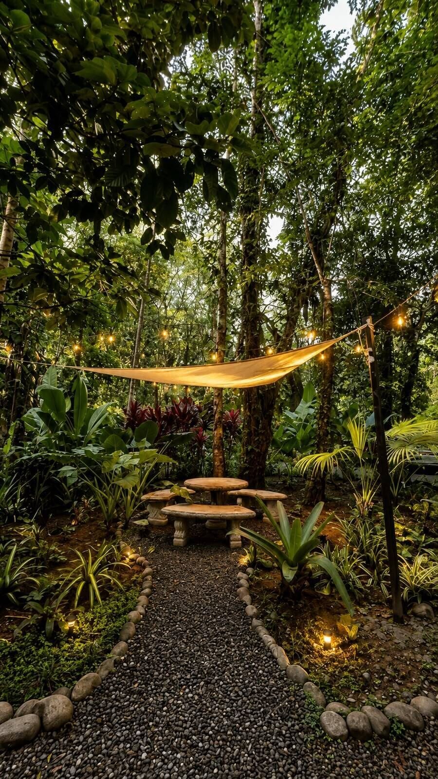 Ein Gartenpfad mit einer Hängematte, Stehsteinen und Lichterketten.