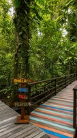 A wooden boardwalk with a sign indicating services like Shala, massages, yoga, and pilates.