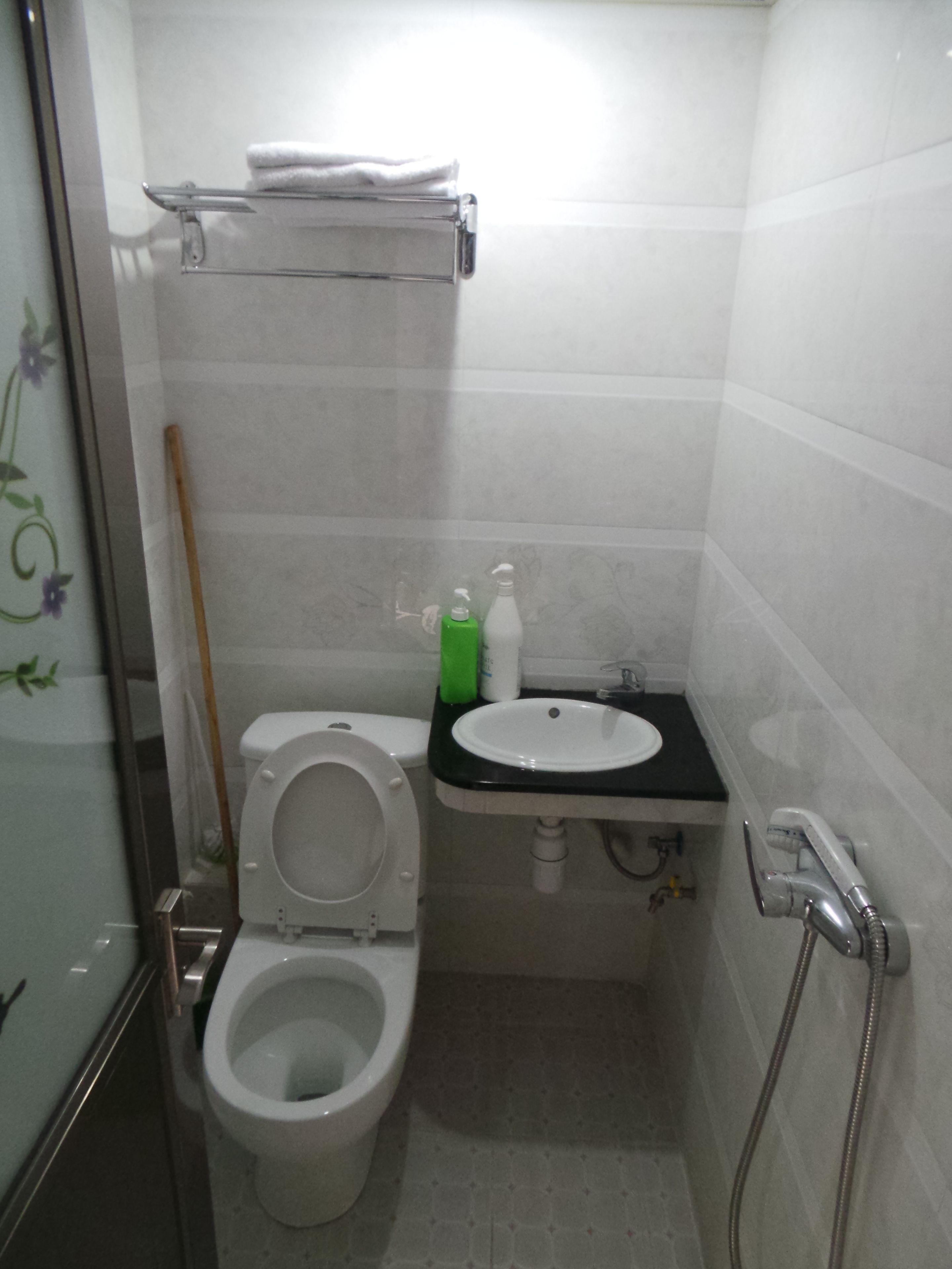 A small bathroom with a toilet, sink, and shower.