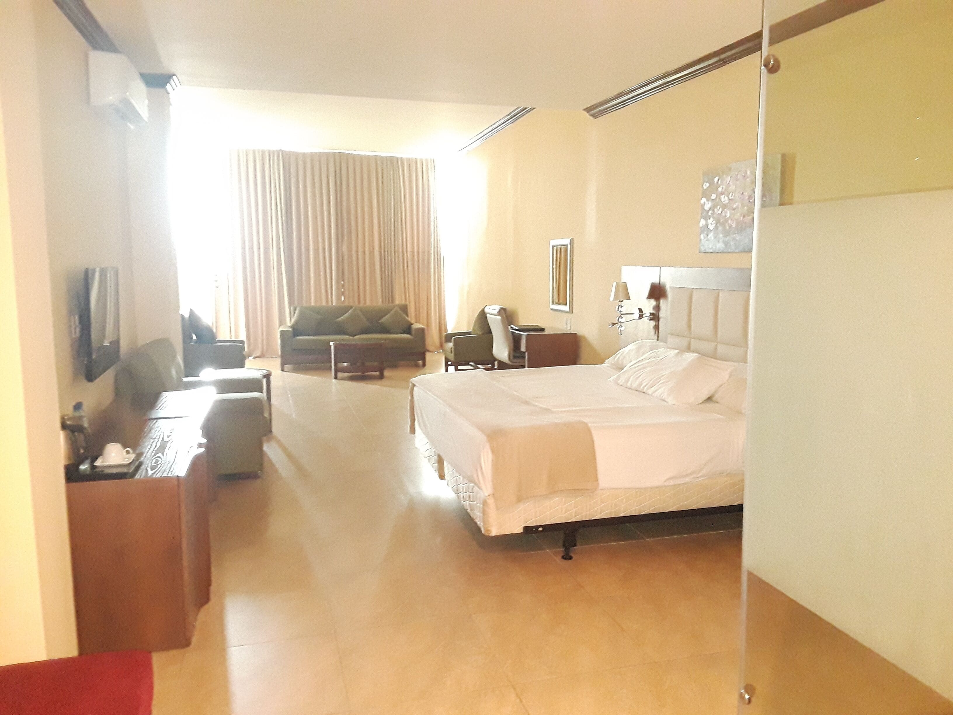 Una habitación de hotel con cama, sofá, escritorio y televisor.