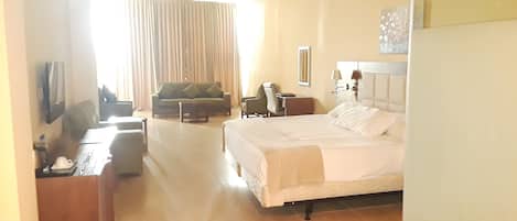 Una habitación de hotel con cama, sofá, escritorio y televisor.