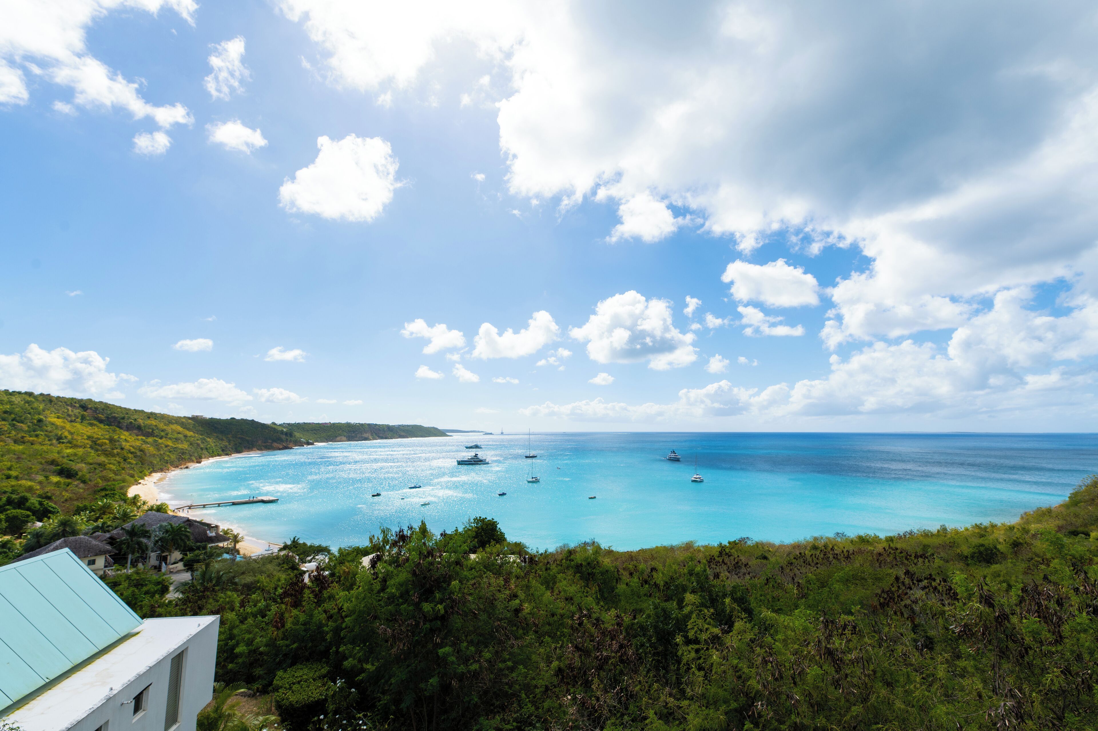 Une vue côtière avec une plage, des bateaux et une végétation luxuriante.