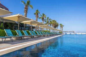 Ein Poolbereich mit Liegestühlen und Sonnenschirmen, Palmen und blauem Himmel.