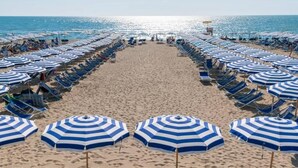 A beach with rows of blue and white striped umbrellas and lounge chairs facing the ocean. - Continental Resort (Pisa)
