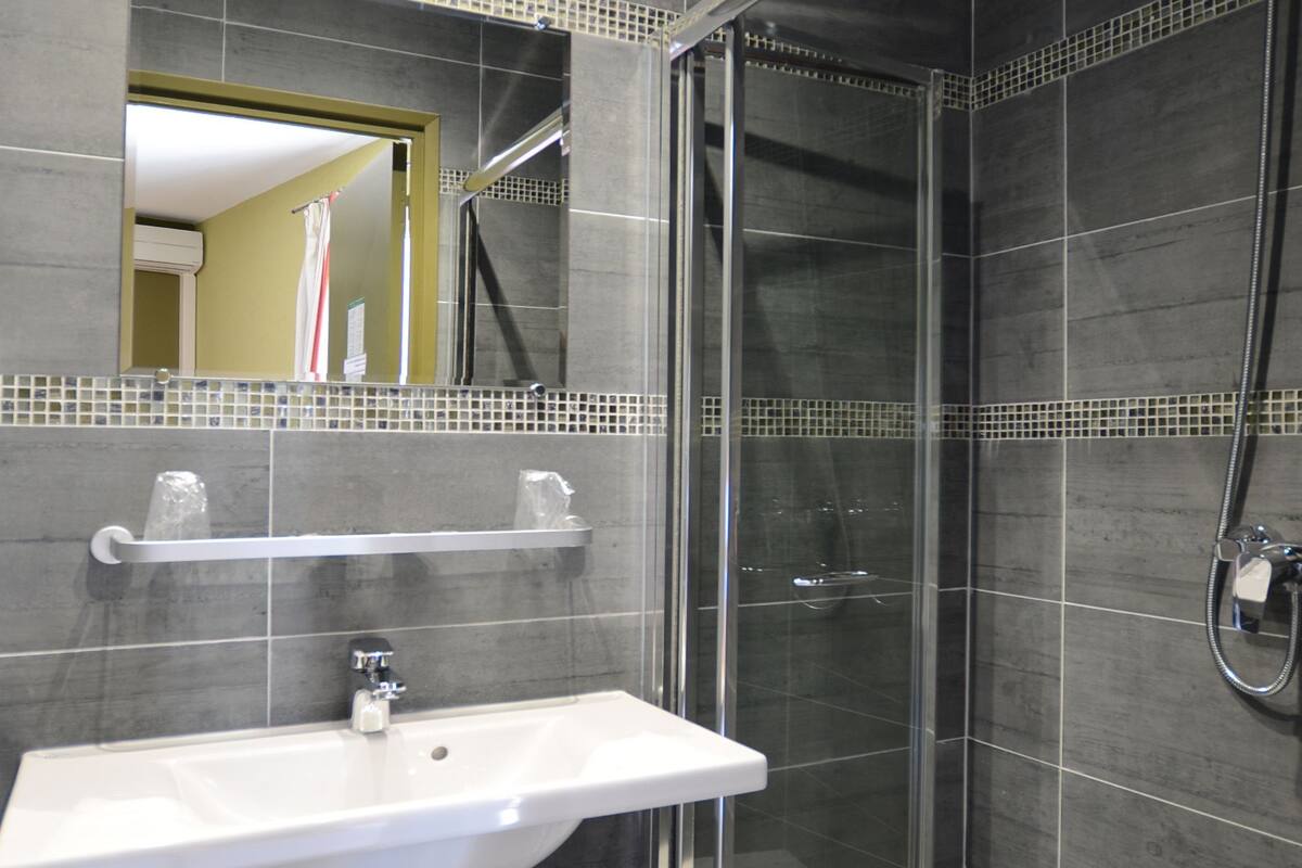 shower, free toiletries, hair dryer, towels