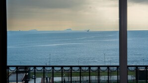 A view of the sea through a window with a metal railing in the foreground. - Seatanbul Hotel (Istanbul)