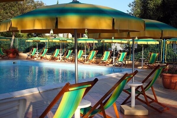 Seasonal outdoor pool, pool umbrellas, pool loungers