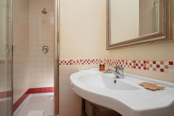 Une salle de bain avec une douche, un lavabo et un miroir.