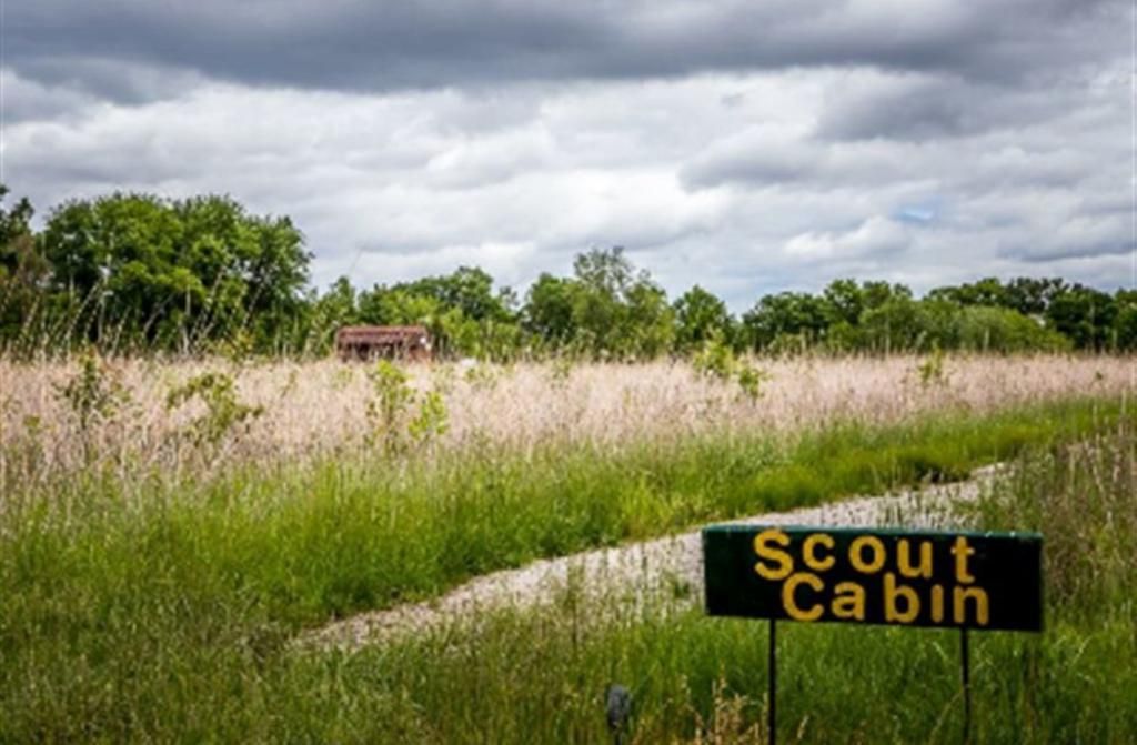 Señalización que indica 'Scout Cabin' en un campo cubierto de hierba, con árboles al fondo.