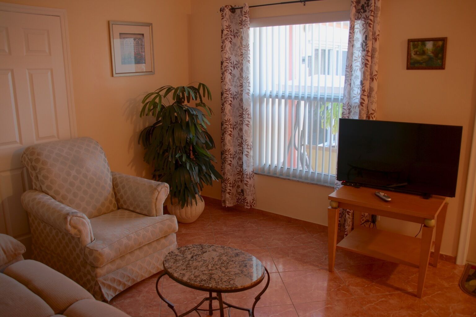 Ein Wohnzimmer mit einer Couch, einem Fernseher auf einem Schrank, einer Topfpflanze und einem Fenster mit Vorhängen.