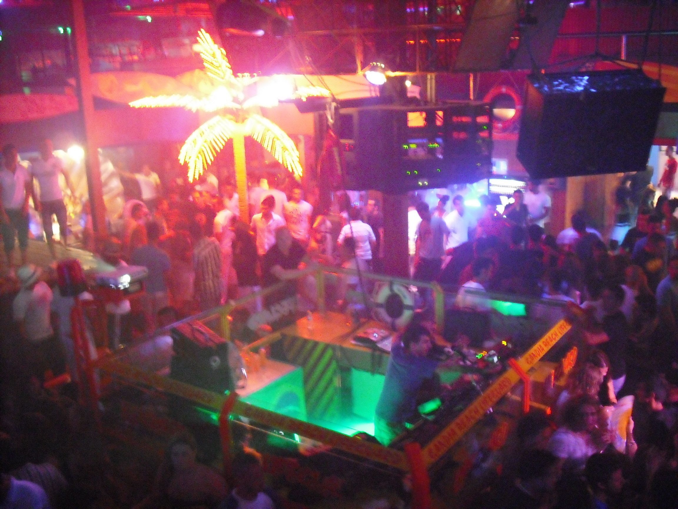 Een drukke binnenshuis gelegenheid met een DJ-barrière en een grote, verlichte palmboomdecoratie.